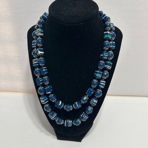 Vintage double strand square & round Blue white Beaded silver tone Necklace
